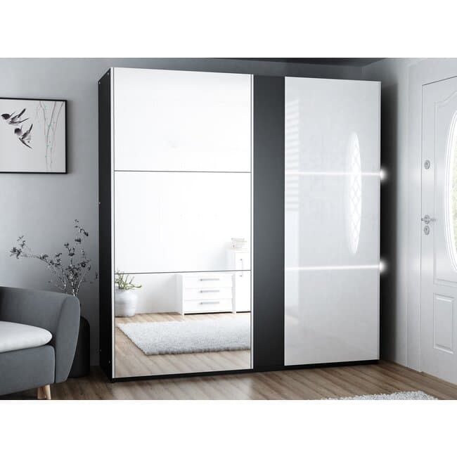 dulap tunis cu oglinda si usi culisante pal melaminat 200x65x215 cm grafit