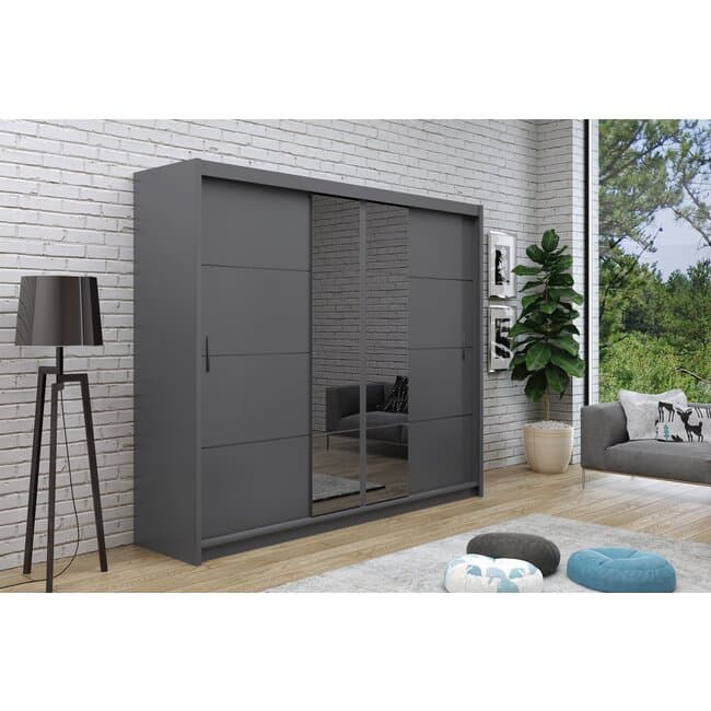 Dulap Porto 2 dulap cu usi culisante din pal melaminat cu feronerie de calitate si compartimentare practica, 250x61x215 cm, grafit