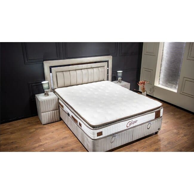 pat calipso cu lada de depozitare si somiera inclusa tapitat cu stofa 140x200 cm bej