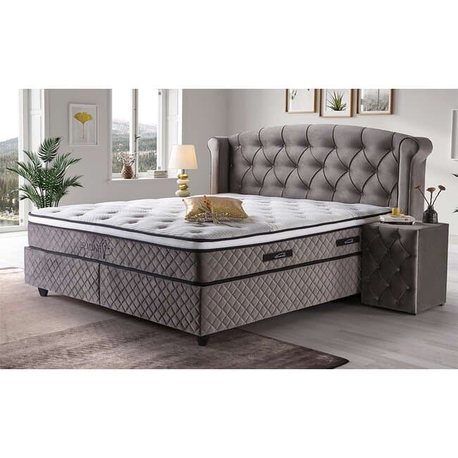 pat tapitat hadise 140x200 cm gri cu lada depozitare si somiera rabatabila