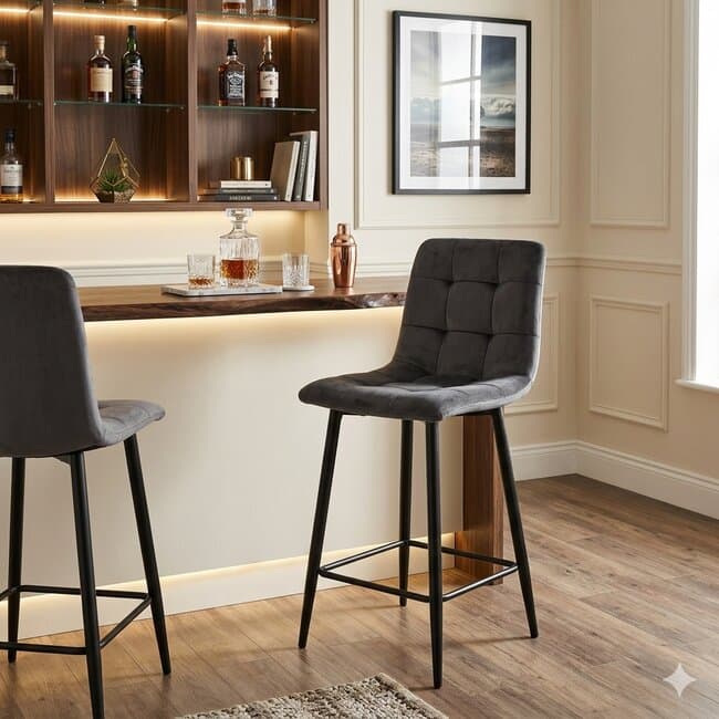 Scaun de bar Velvet, catifea premium cu structura metalica, 45x47x88 cm, gri