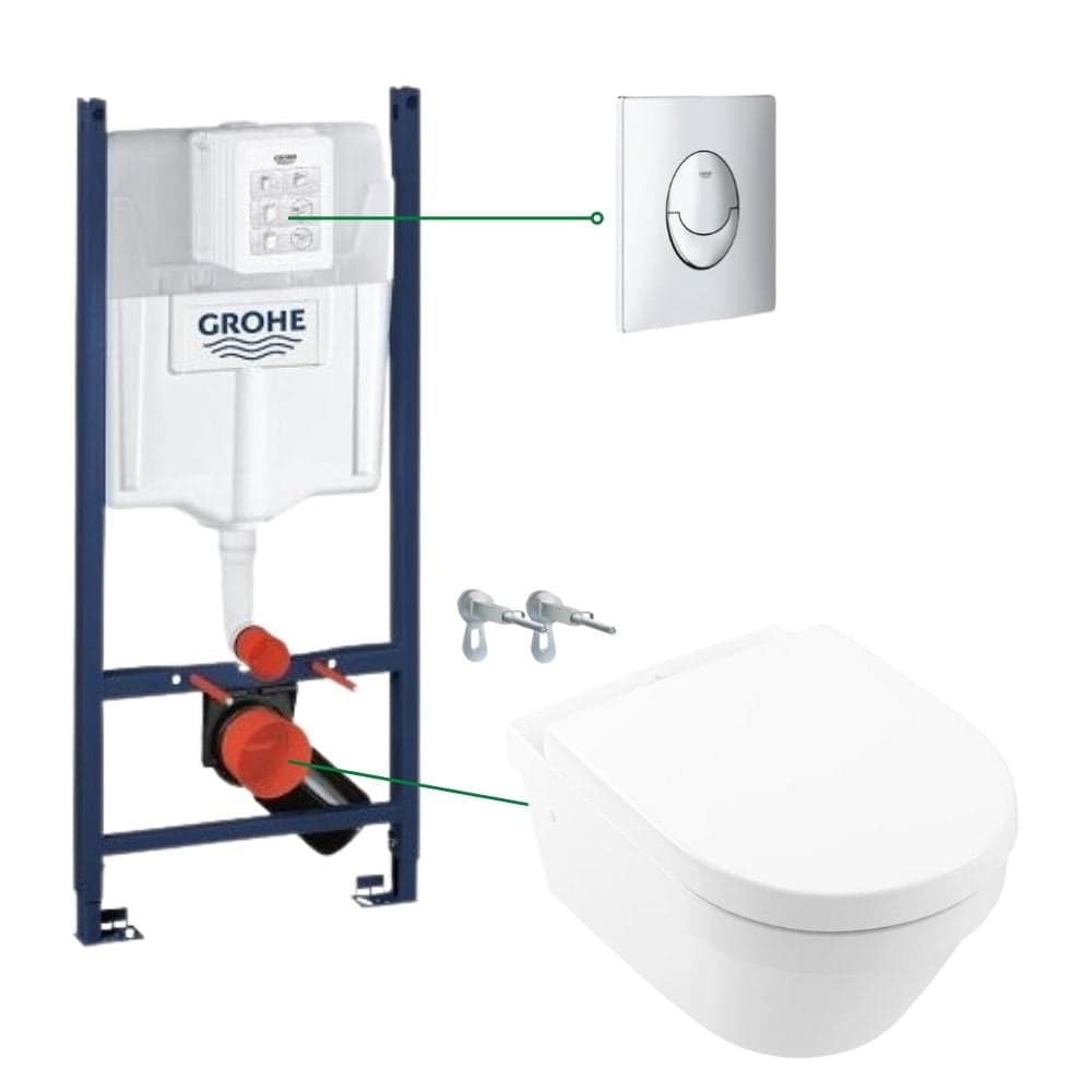 set vas wc suspendat rimless cu capac villeroyboch architectura plus rezervor incastrat si clapeta crom skate air grohe