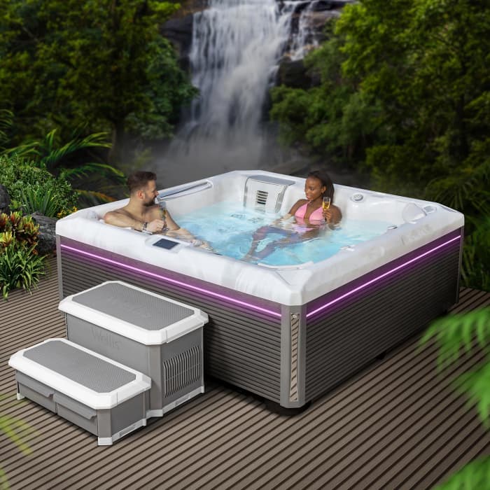 Minipiscina jacuzzi 6 persoane, alb-lucios, 43 jeturi, WiFi, sistem audio, In-Line WIS, Gecko IN.YE-3, scara SMART-IN STEP PEAKLIFE Wellis Atlas Life Premium Plus