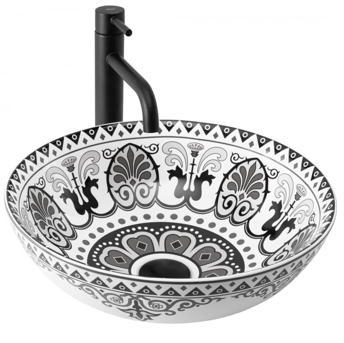 Lavoar pe blat cu design rotund cu model etnic alb-negru, Rea Etno