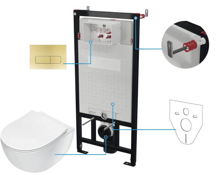 Set wc ingropat, 6 in 1, alb, cadru cu vas wc, capac si buton spalare, Deante Poenia