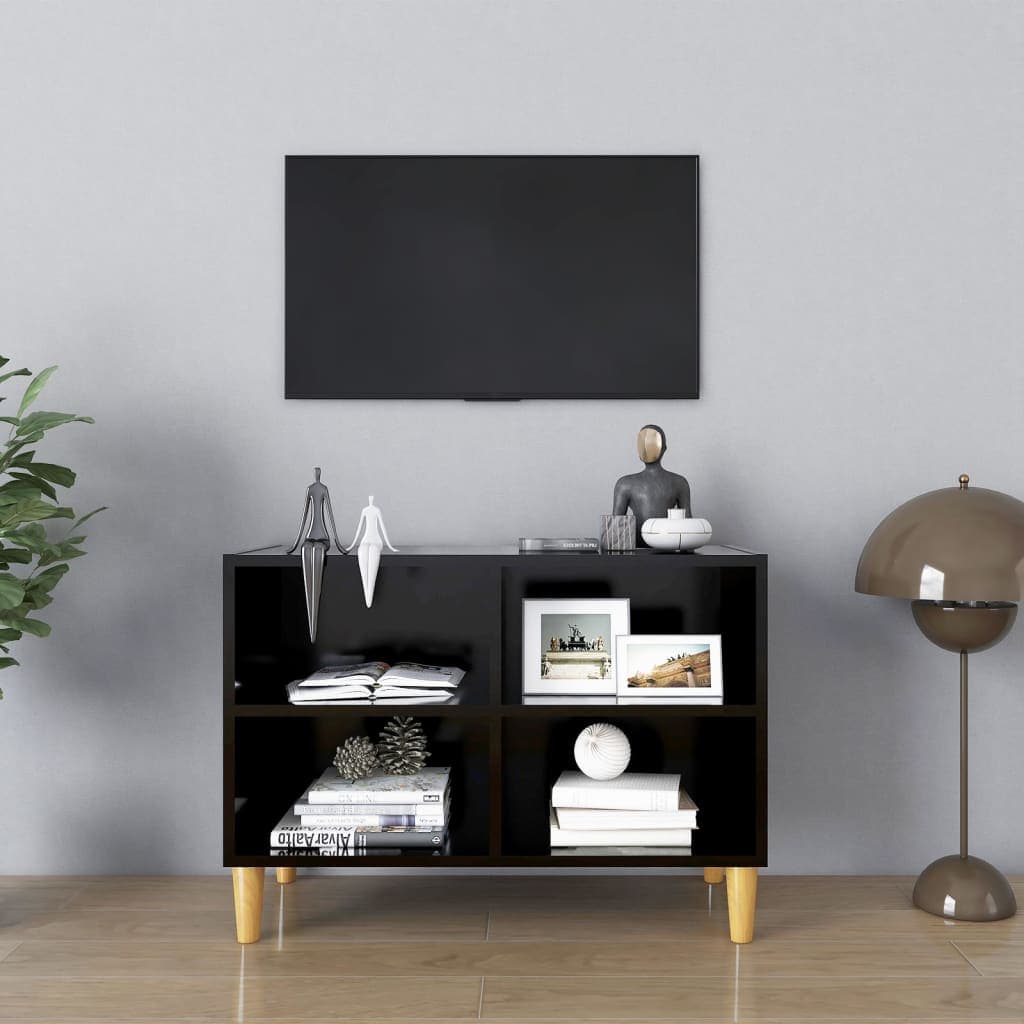 vidaXL Comoda TV, picioare lemn masiv, negru, 69,5x30x50 cm