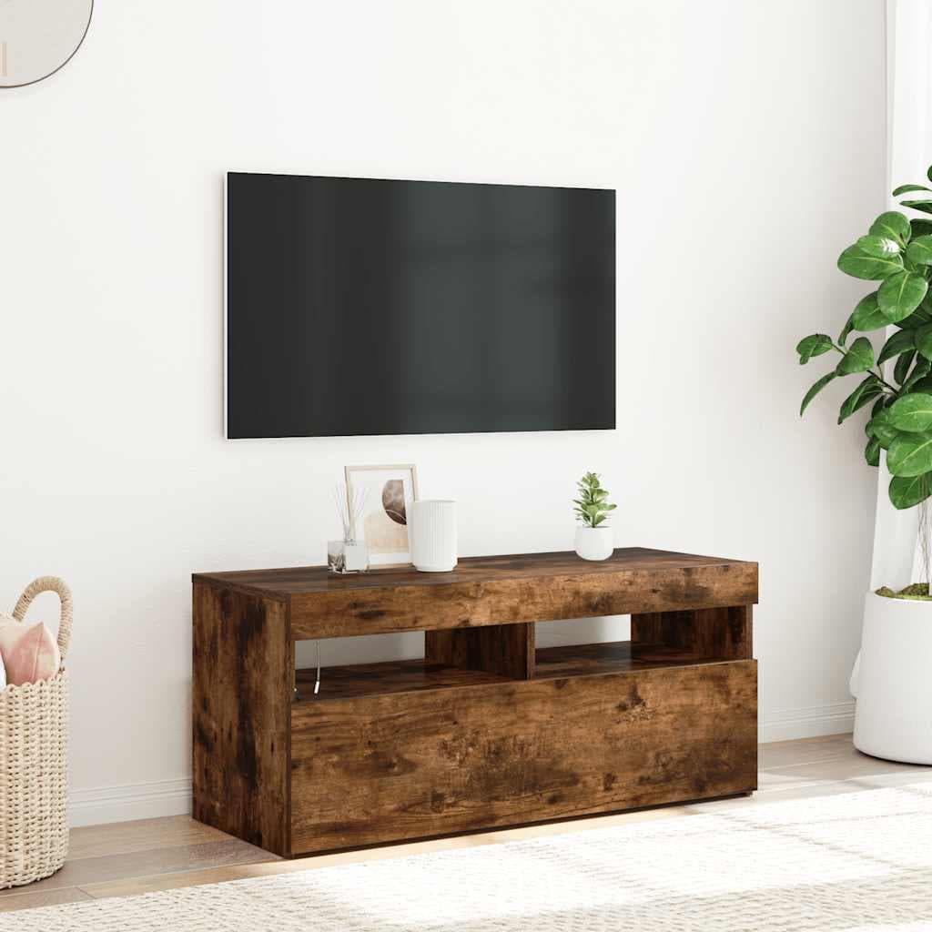 vidaXL Comoda TV cu lumini LED, stejar fumuriu, 90x35x40 cm