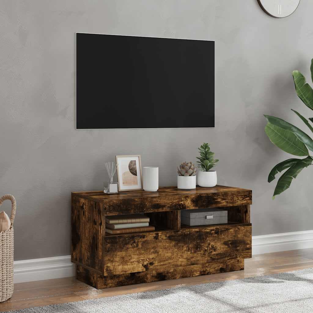 vidaXL Comoda TV cu lumini LED, stejar fumuriu, 80x35x40 cm