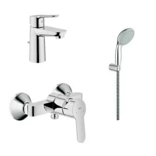 Set baterii 3in1 Grohe Bau Edge cu baterie lavoar, baterie dus si set de dus cu porter Tempesta