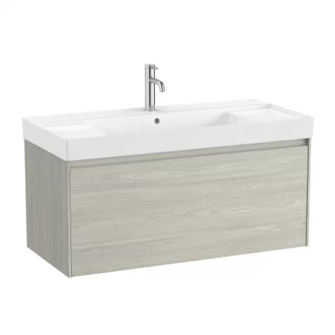 Set PROMO mobilier baza si lavoar cu 2 polite Roca Ona Unik 1 sertar 100x46 cm stejar deschis