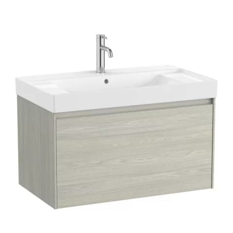 Set PROMO mobilier baza si lavoar cu 2 polite Roca Ona Unik 1 sertar 80x46 cm stejar deschis