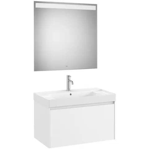 Set mobilier baie 80x46xH50 cm, lavoar si oglinda LED Roca Ona, alb mat