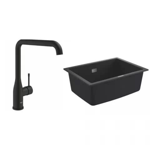 Set chiuveta Grohe K700 din granit 61x46 cm negru si Baterie bucatarie negru mat Grohe Essence pipa pivotanta