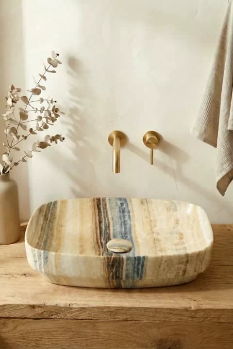 Lavoar ceramic marmorat lucios, crem cu vene gri si aurii, cu ventil inclus