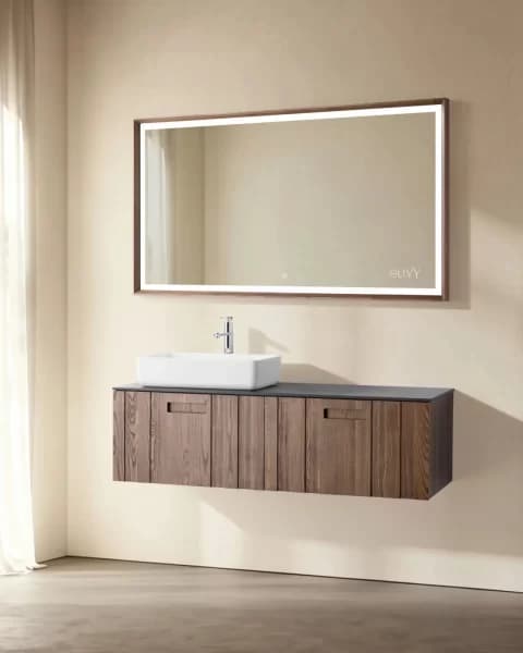 Set mobilier baie suspendat din lemn 140 cm, cu lavoar si oglinda LED cu rama din lemn