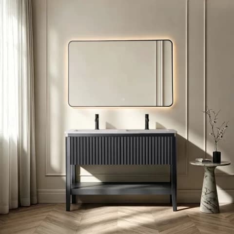 Set mobilier baie pe pardoseala 120 cm, cu doua lavoare si oglinda LED cu rama neagra