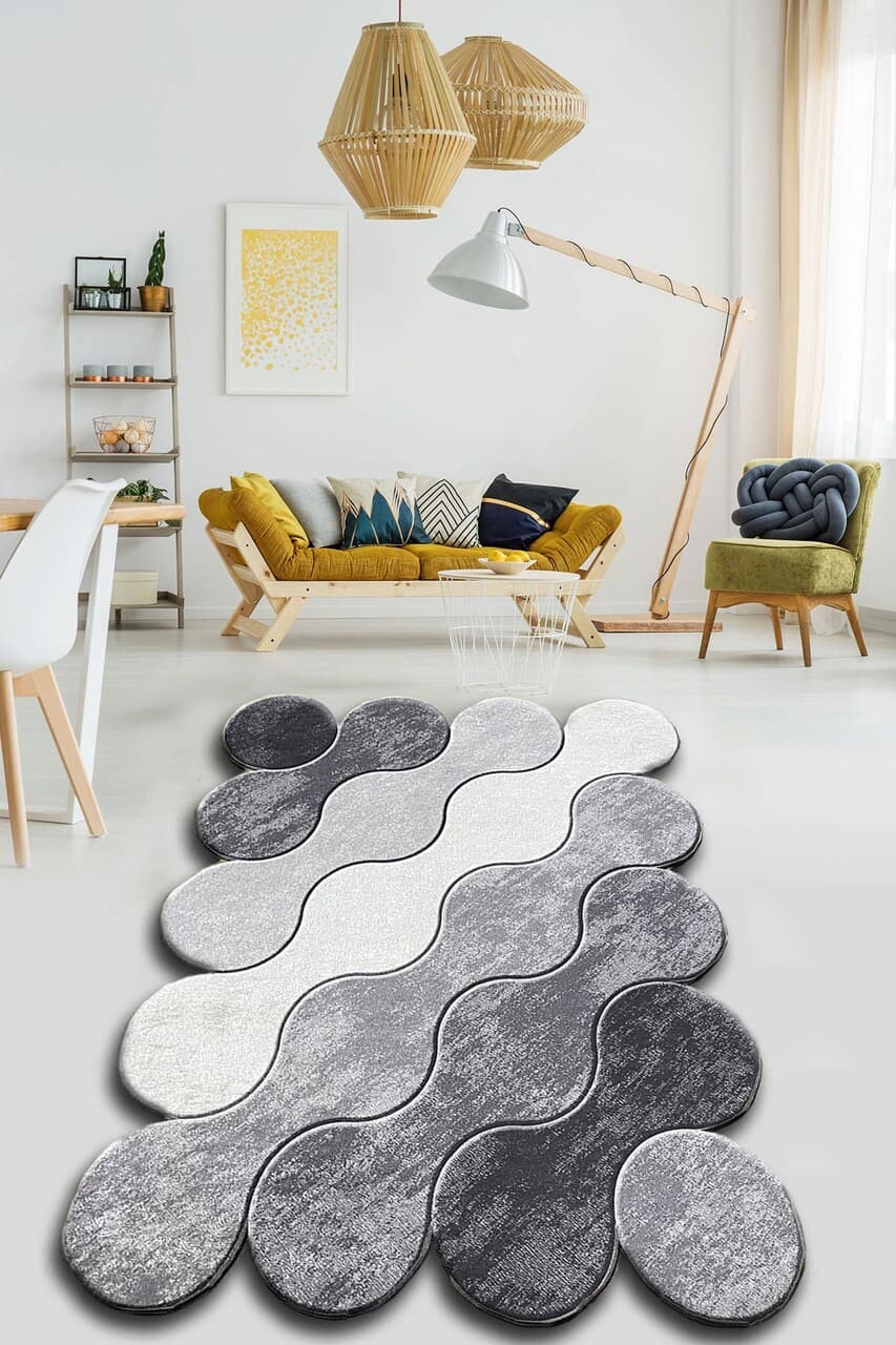 Covor, Circle, 80x150 cm, Gri inchis / Gri / Alb