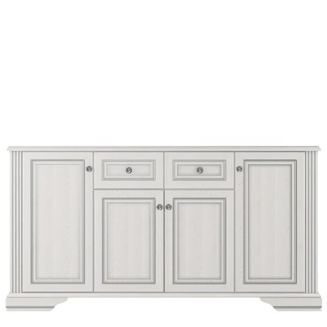 Comoda White 4D2S, 4 usi si 2 sertare spatioase, glisiere telescopice, PAL melaminat, 178.5x45x93.5 cm, Frasin Alb/Pin Argintiu