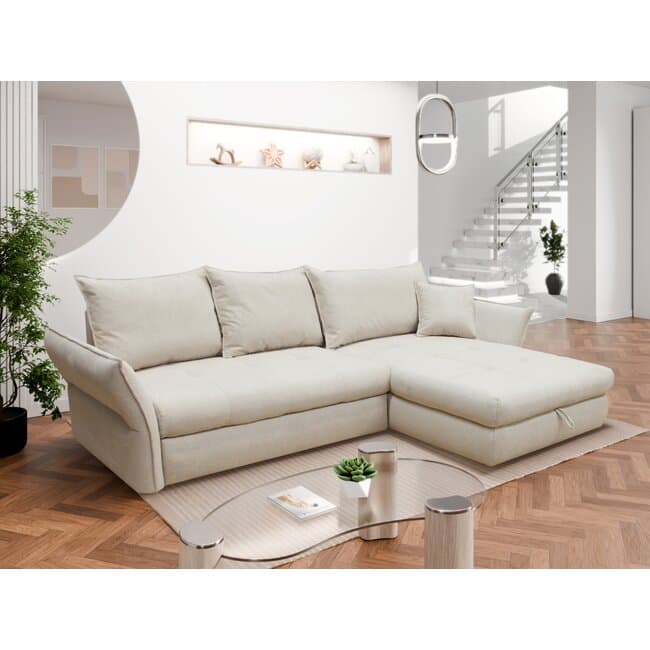 Coltar Acero, extensibil cu lada depozitare si 4 perne incluse, structura lemn masiv si PAL, stofa premium, 275x174x89 cm, bej