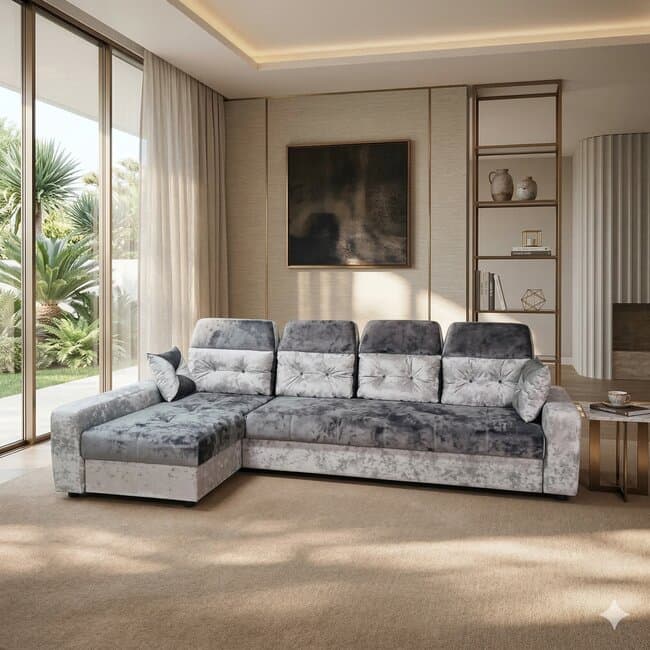 Coltar Viena Tip 2 extensibil, culoare personalizabila - 320x165 cm, cu lada de depozitare, saltea memory foam si micro pocket, structura fag stratificat