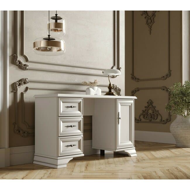Masa de toaleta Idento TOL, design clasic cu 2 dulapuri si 2 sertare, PAL si MDF, 120,5x41,5x71 cm, alb alpin