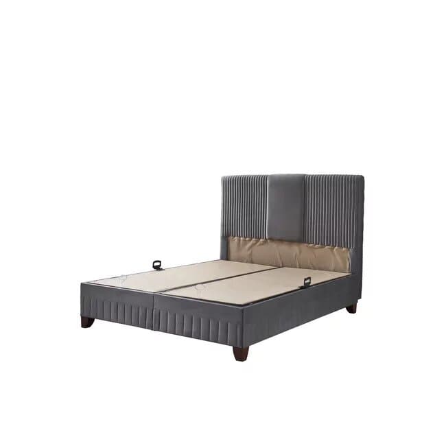 Pat Bella, spatiu depozitare, somiera inclusa, tapiterie premium tip catifea, cadru metalic + lemn, 140x200 cm, gri
