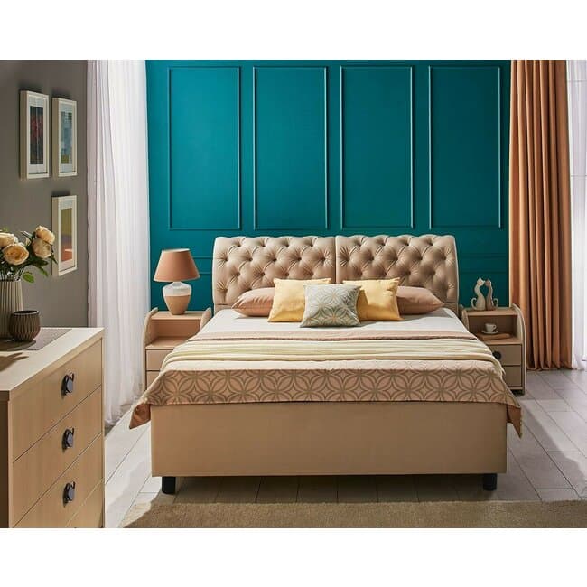 Pat Frankfurt, bej - 160x200 cm, cu spatar tapitat, stofa catifelata si lada depozitare
