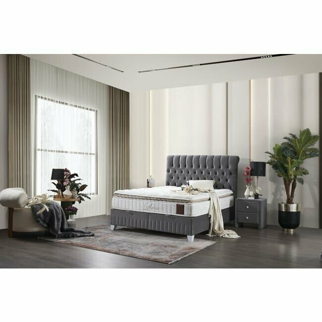 Pat Lexus, spatiu depozitare, design tapitat elegant, cadru lemn + metal, tapiterie premium, 140x200 cm, gri