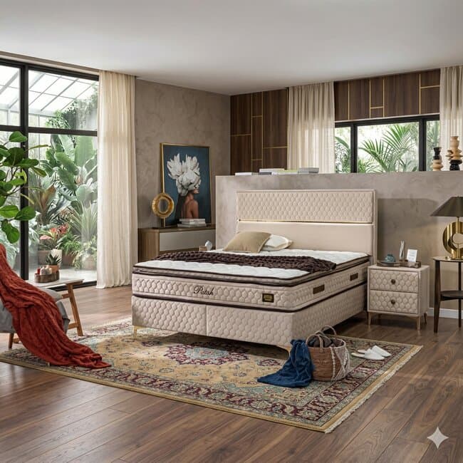 Pat Petek, crem - 160x200 cm, tablie capitonata, spatiu depozitare integrat, tapiterie stofa premium