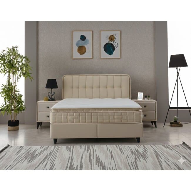 Pat + Saltea gratis Ortaca, crem MK2111 BEIGE- 160/200 cu somiera rabatabila, lada de depozitare si tesatura premium