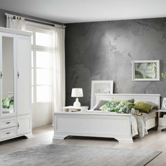 Set dormitor Idento 2 alb alpin, pat 160x200 cm, dulap 3 usi, 2 noptiere, PAL melaminat si MDF, stil clasic