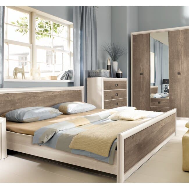 Set Dormitor Koen II, mobilier modular complet, pat 160x200 cm, dulap 4 usi, comoda si noptiere, MDF + PAL, Pin Arizona/Stejar Nava