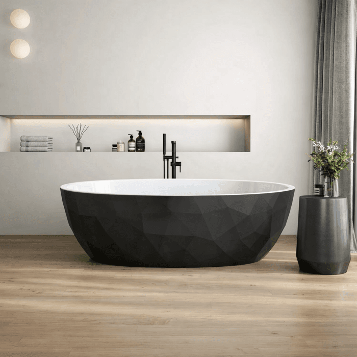 Cada freestanding compozit, negru cu alb, forme 3D, ovala 167 x 82 cm, Foglia Armonia