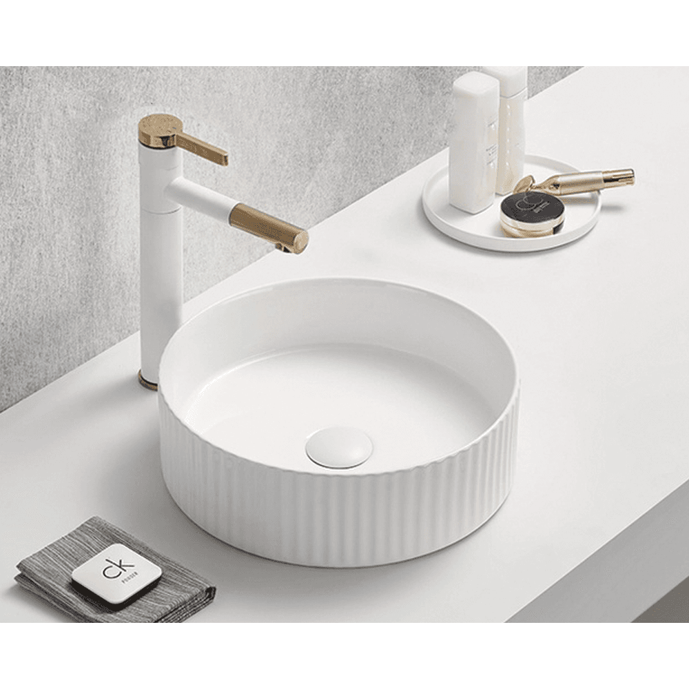Lavoar rotund pe blat, cu riflaje 3D, alb lucios, Imperial Foglia