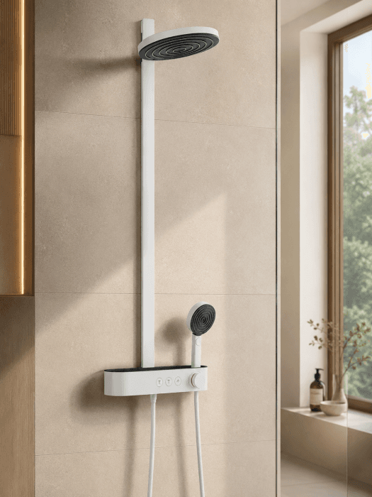 Coloana dus alb mat, baterie control temperatura si 3 jeturi, palarie 26 cm, Form Relax