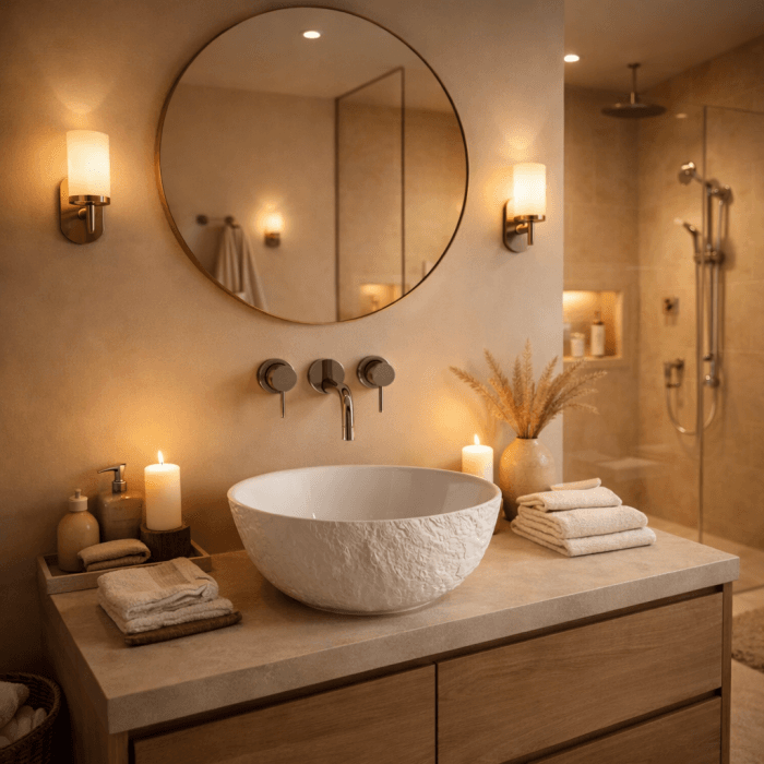 Lavoar baie compozit cu montare pe blat 42 cm, ventil inclus, alb, rotund, Foglia Ciment