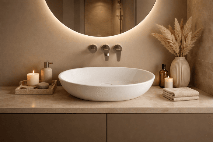 Lavoar baie compozit cu montare pe blat 60 cm, alb, oval, Foglia Bella