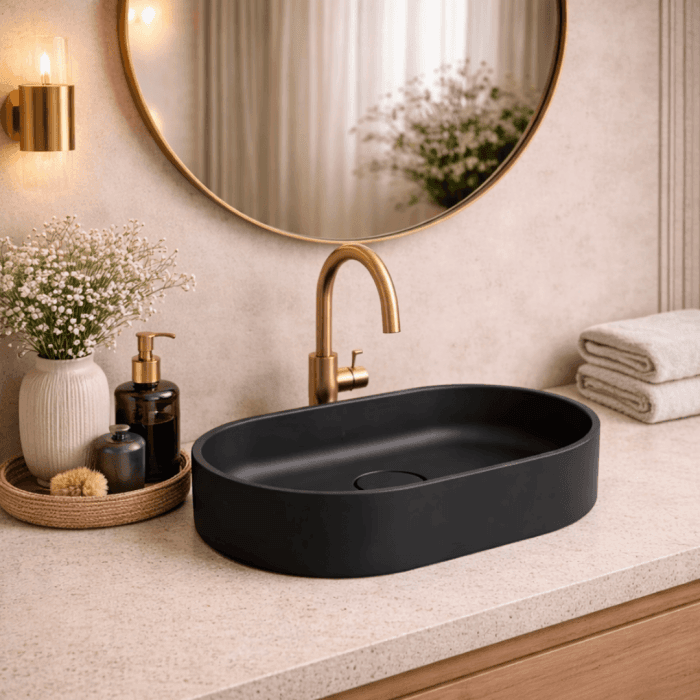 Lavoar compozit cu montare pe blat, 60x38 cm, negru mat, Foglia Terra
