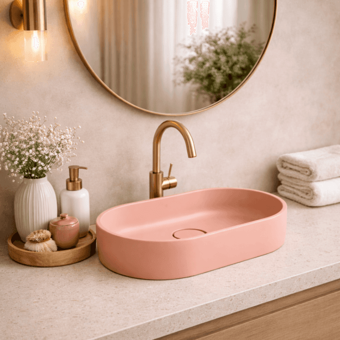 Lavoar compozit cu montare pe blat, 60x38 cm, roz somon mat, Foglia Terra