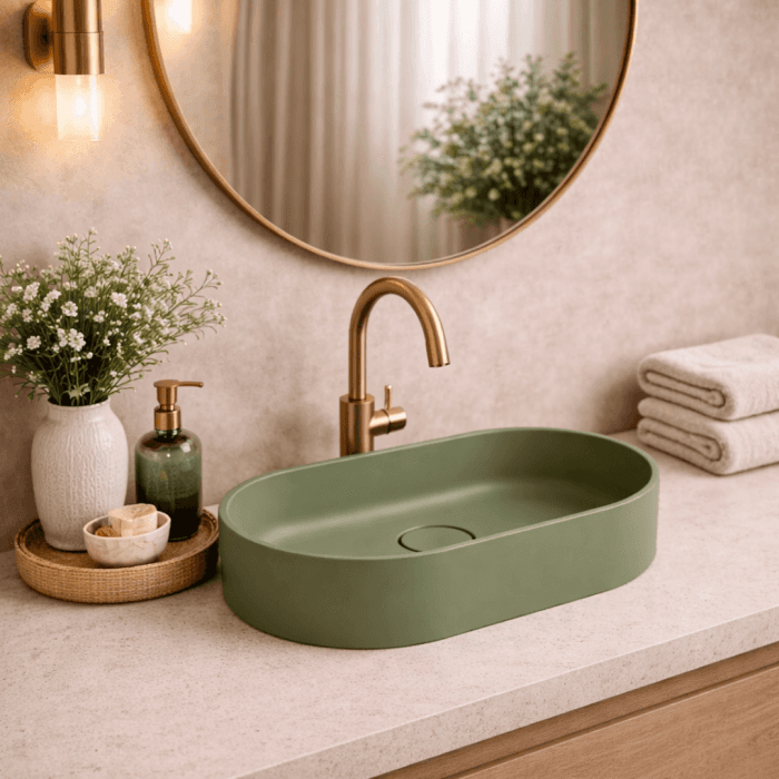 Lavoar compozit cu montare pe blat, 60x38 cm, verde mat, Foglia Terra