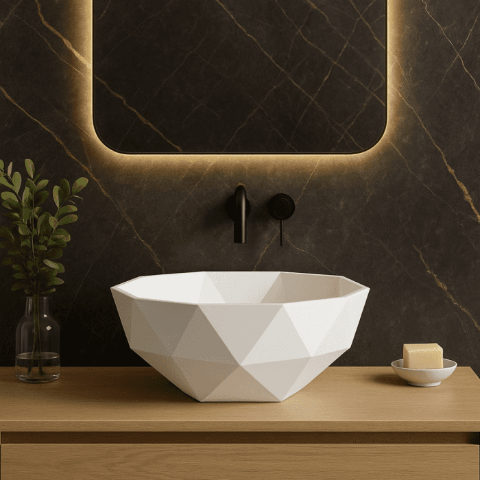 Lavoar de baie compozit cu montare pe blat, alb, oval, Foglia 3D Bowl