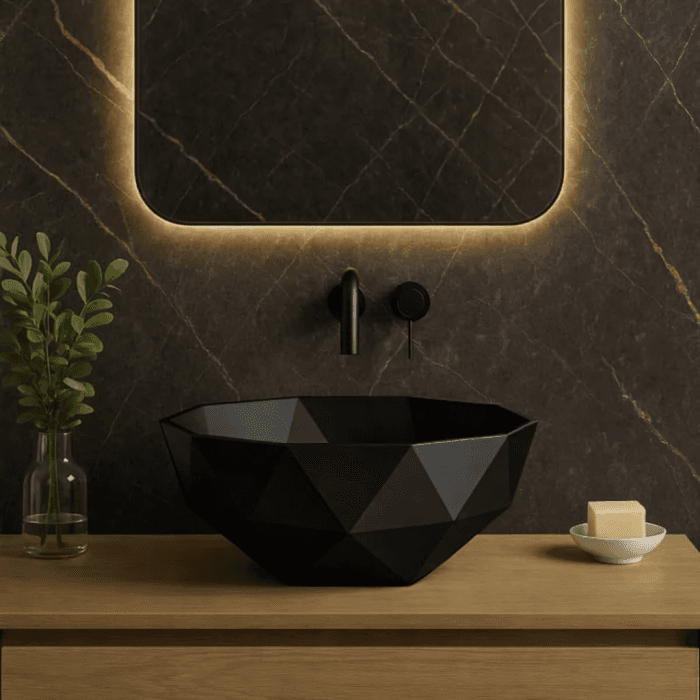 Lavoar de baie compozit cu montare pe blat, negru mat, oval, Foglia 3D Bowl