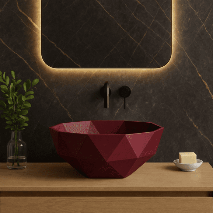 Lavoar de baie compozit cu montare pe blat, burgundy mat, Foglia 3D Bowl