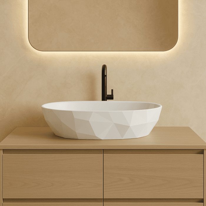 Lavoar pe blat din compozit alb lucios 56 cm, oval, 3D, Foglia Armonia Slim