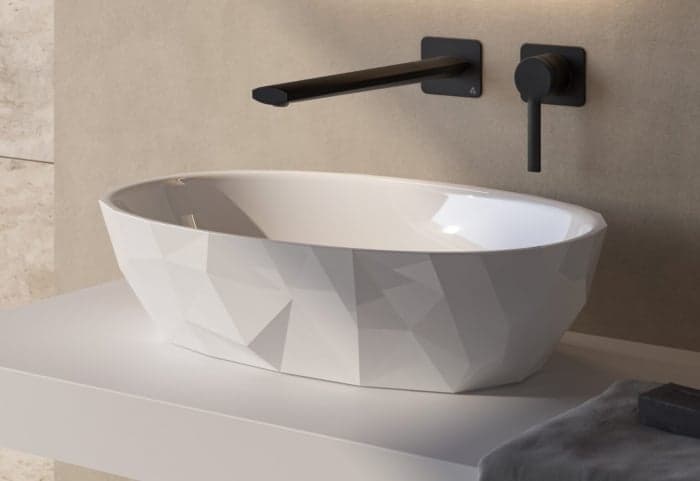 Lavoar pe blat din compozit alb lucios 56 cm, oval, 3D, Marmite Aruba