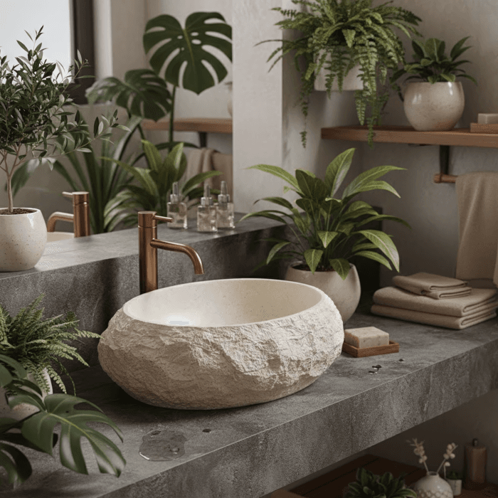 Lavoar baie bej 50x38 cm, oval, imitatie piatra, Rea Mika