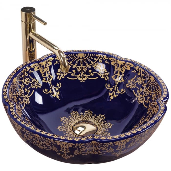 Lavoar pe blat Rea Marina Blue cu decor auriu, ceramica lucioasa, design premium, 42,5 cm
