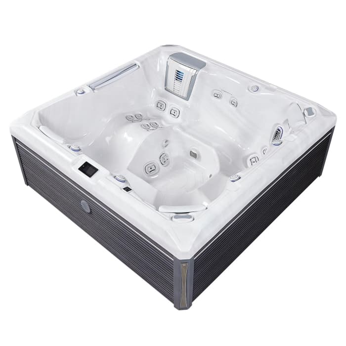 Minipiscina jacuzzi 6 persoane, alb-lucios, 43 jeturi, Infinity jets, WiFi, sistem audio, 215 A 215 cm, Wellis Atlas Deluxe