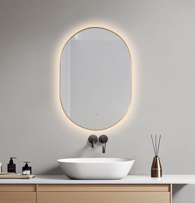Oglinda baie 60x85 cm, reversibila, cu iluminare LED, rama slim aurie si senzor miscare, Belform Fortuna