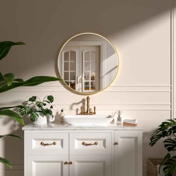 Oglinda baie 80 cm cu dezaburire, ceas si iluminare perimetrala, rama aurie, Fluminia Aster 80 Clock